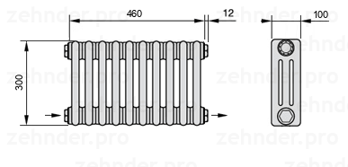 Схема (чертеж) Радиатор Zehnder Charleston 3030/10 №2670 Белый глянцевый RAL 9016